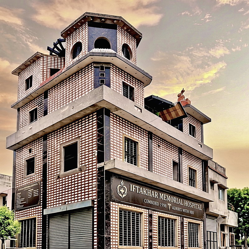 Iftakhar Memorial Hospital, a four-storey building on G Road in Chishtian, seen from the street corner